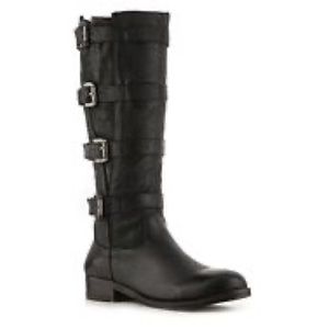 Two Lips Black Leather TwoCities Belted Riding Boots, Women’s Size 5.5
